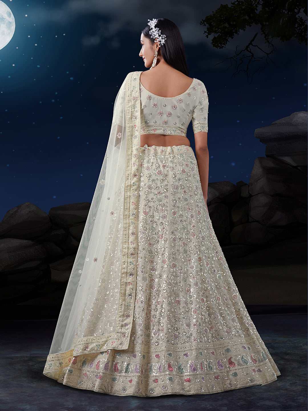White Sequenced Georgette Lehenga Set with Dupatta