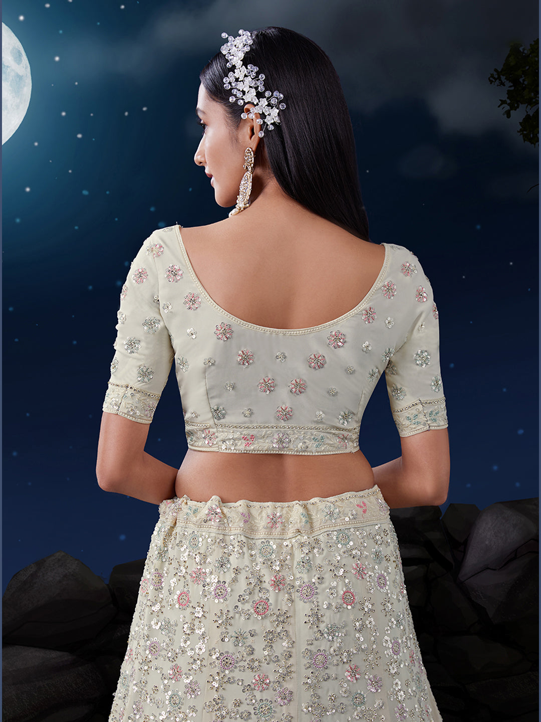 White Sequenced Georgette Lehenga Set with Dupatta