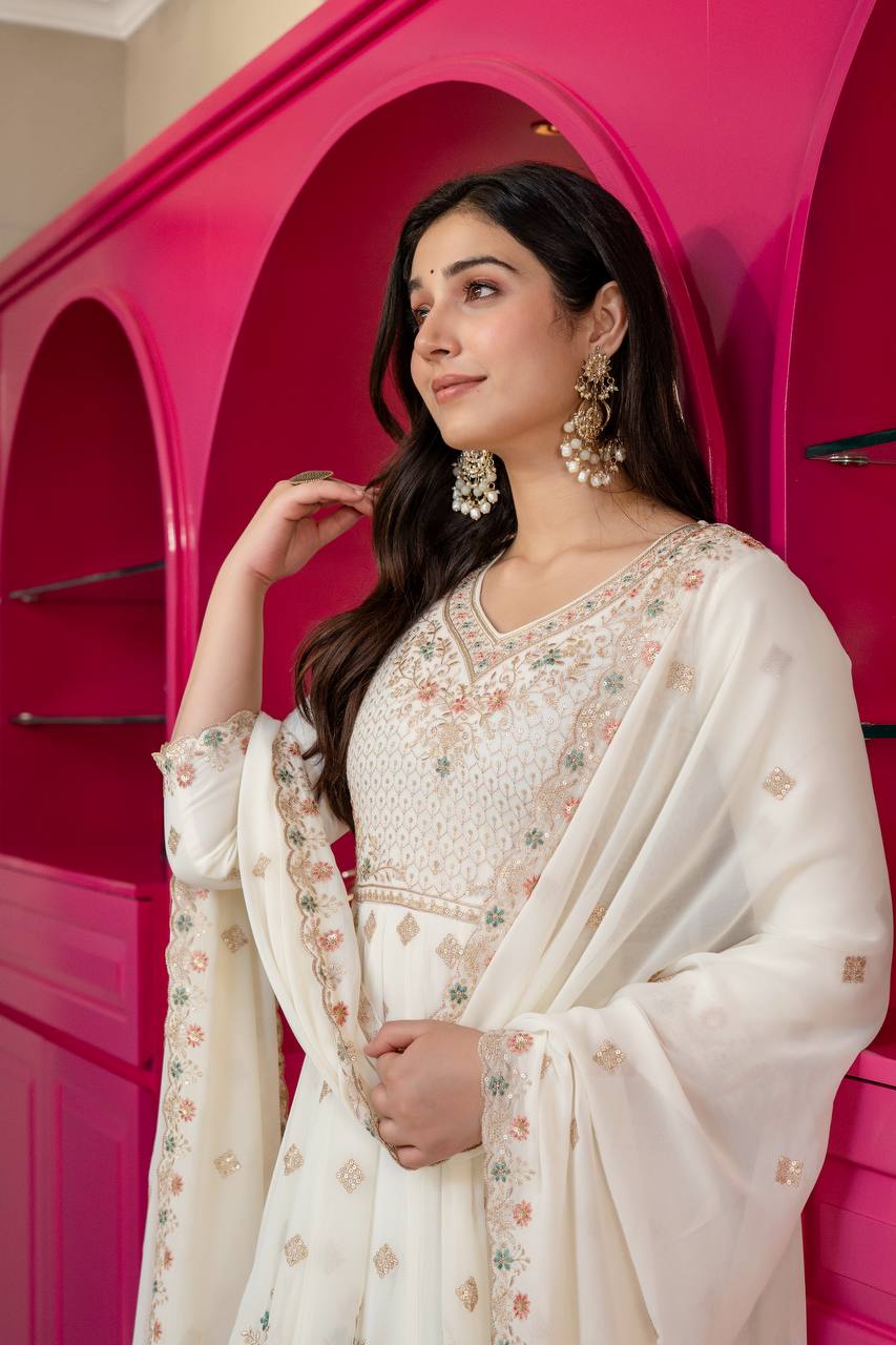 White Sequins & Embroidered gown set