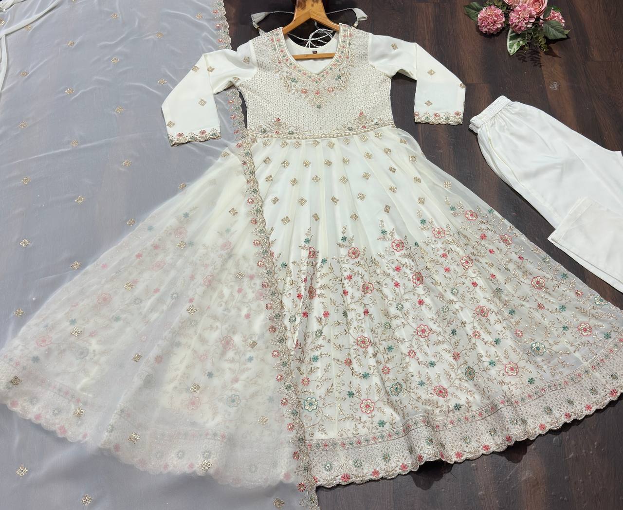White Sequins & Embroidered gown set