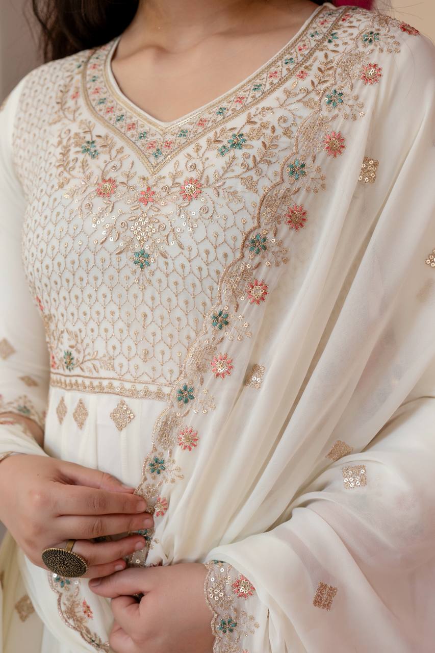 White Sequins & Embroidered gown set