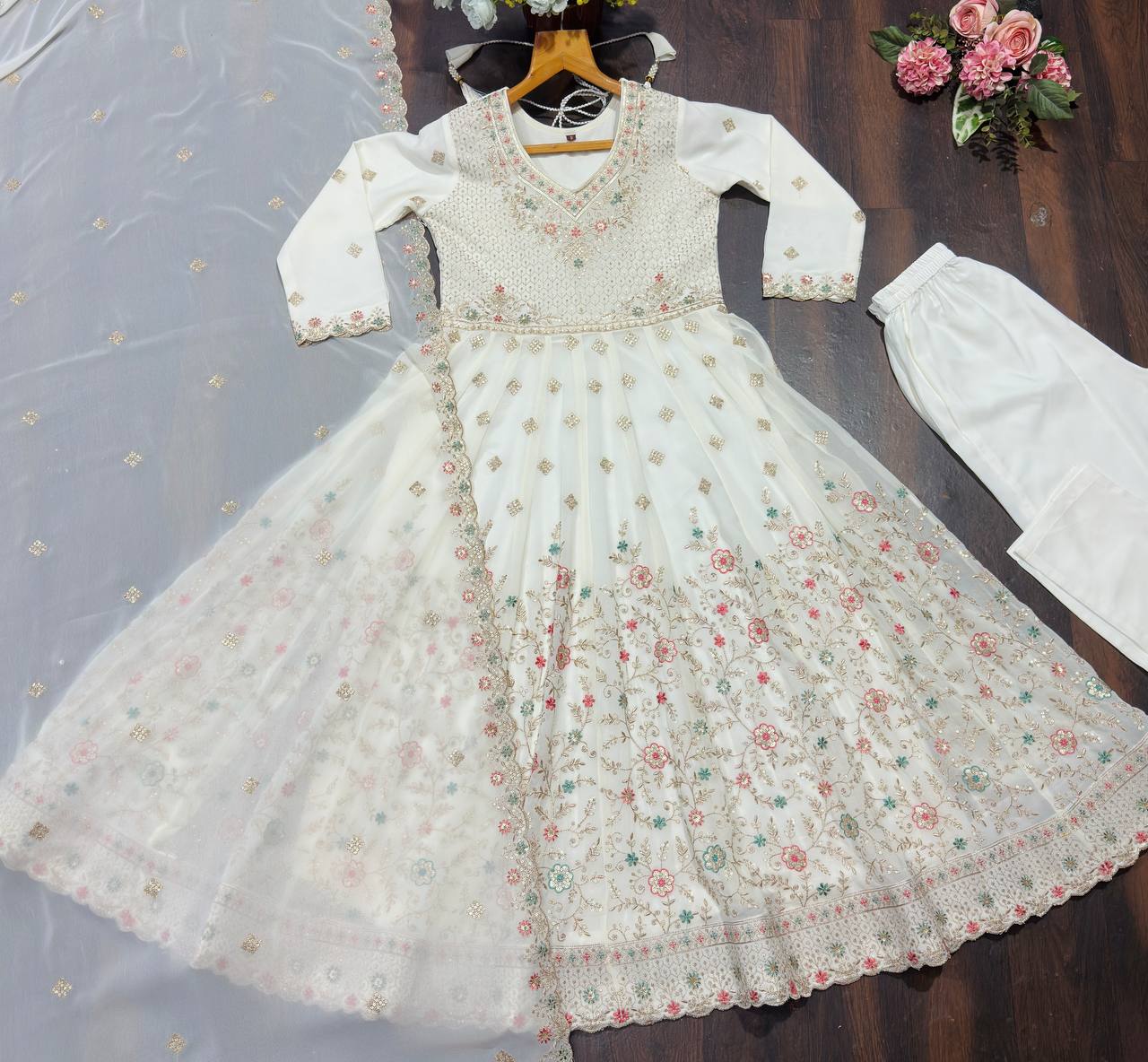 White Sequins & Embroidered gown set