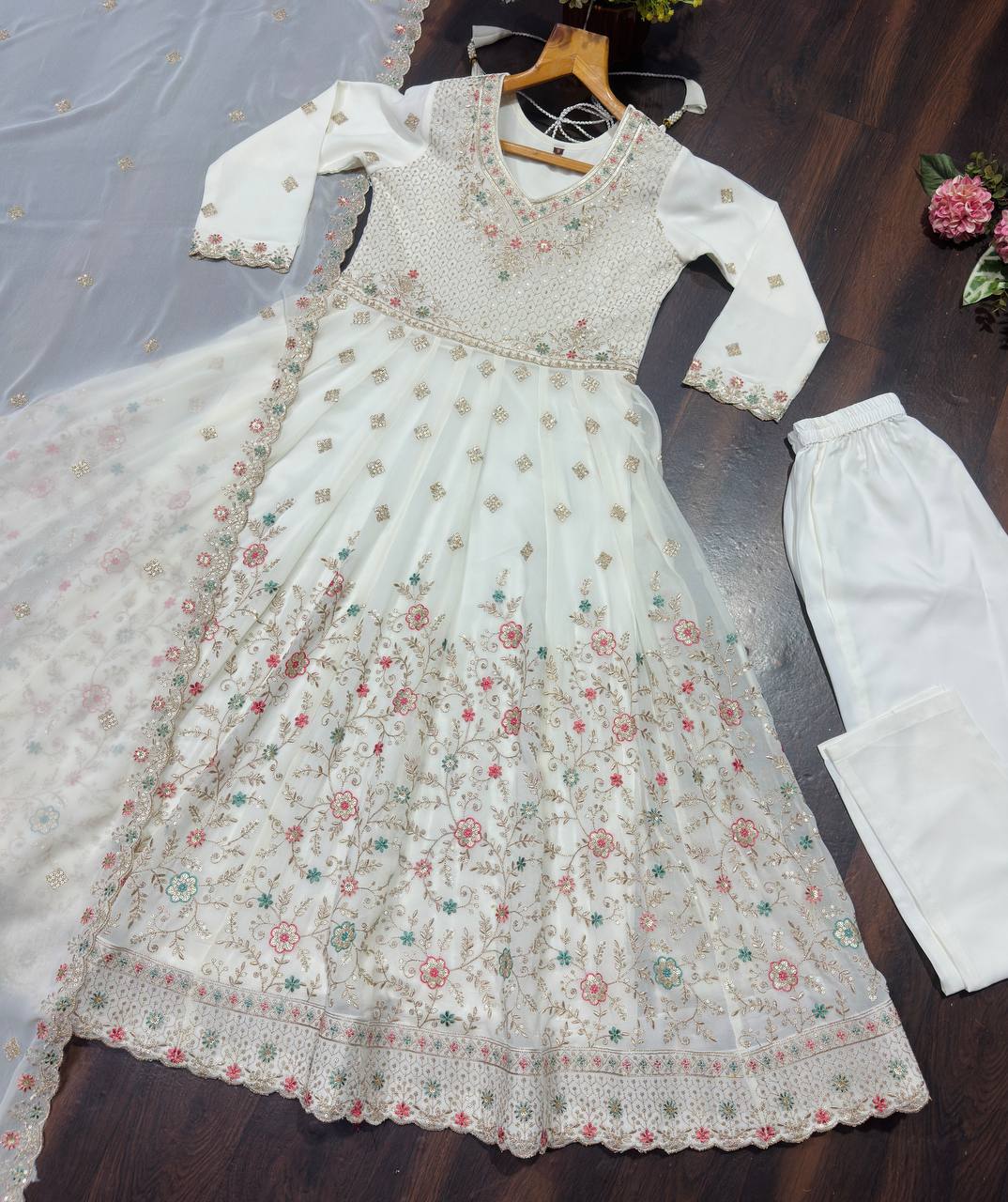 White Sequins & Embroidered gown set