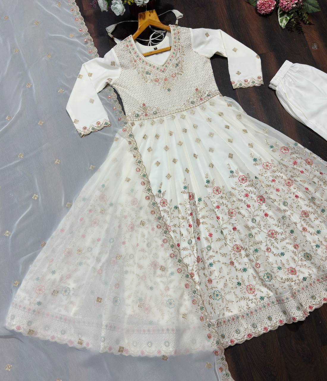 White Sequins & Embroidered gown set