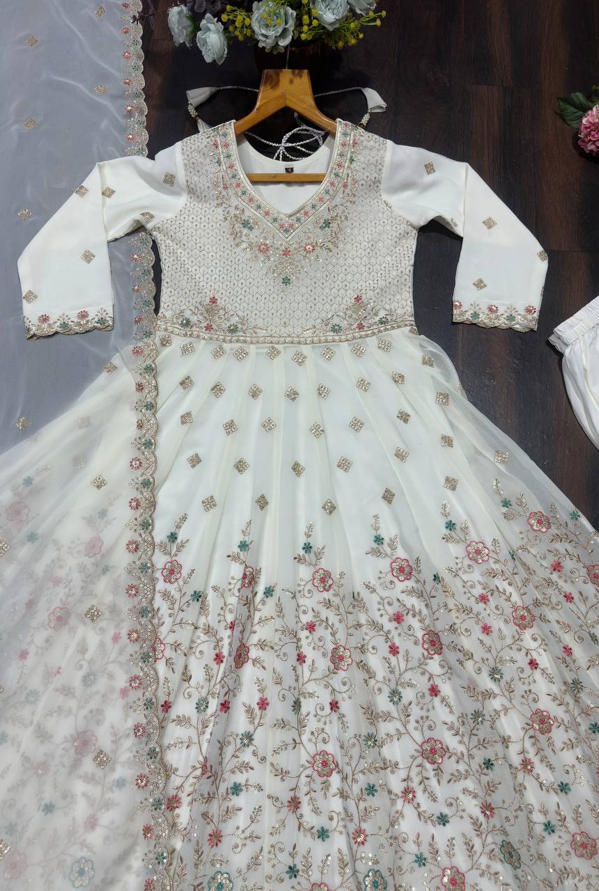 White Sequins & Embroidered gown set