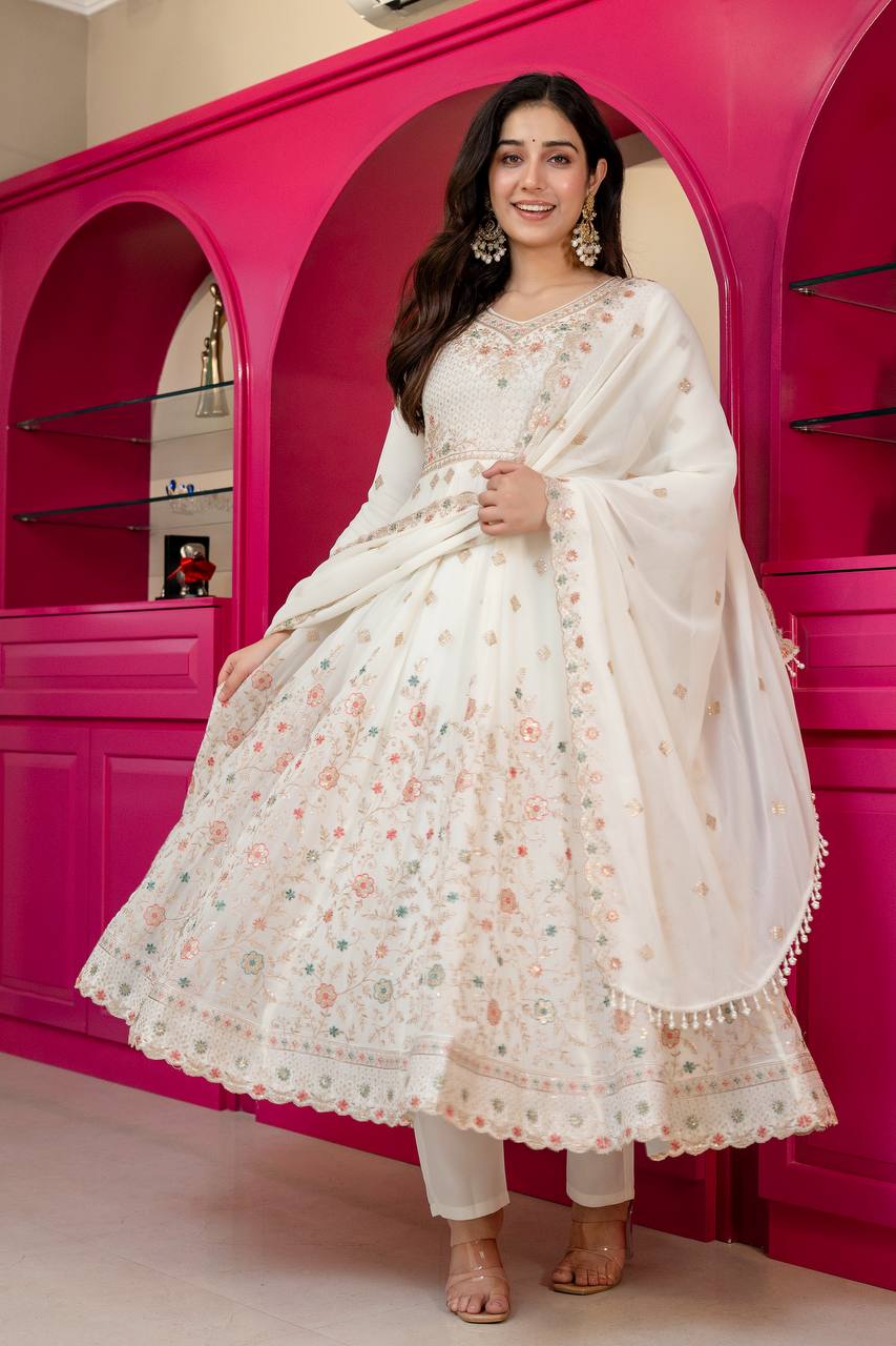 White Sequins & Embroidered gown set
