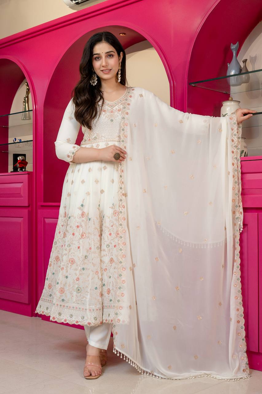 White Sequins & Embroidered gown set
