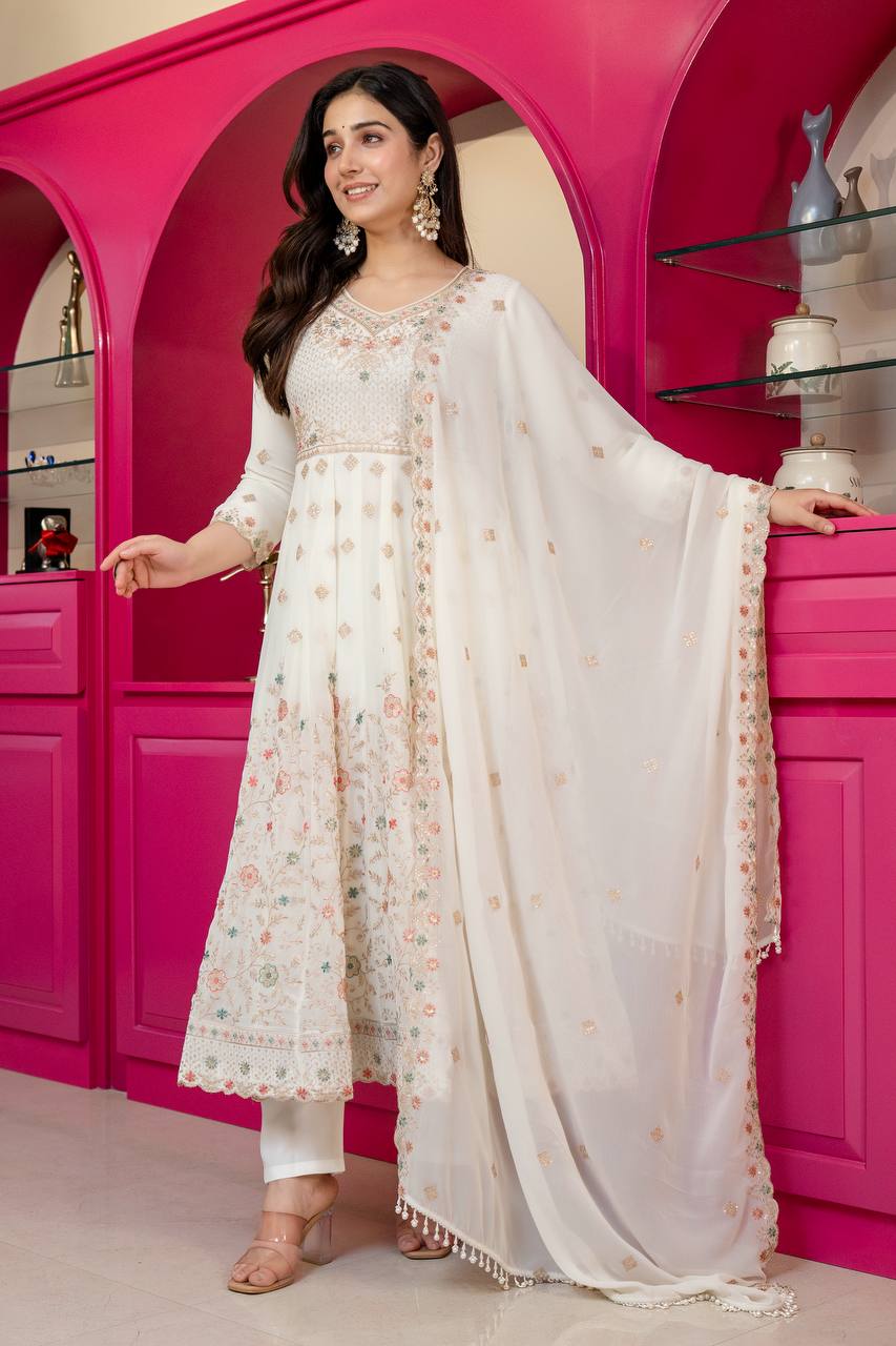 White Sequins & Embroidered gown set