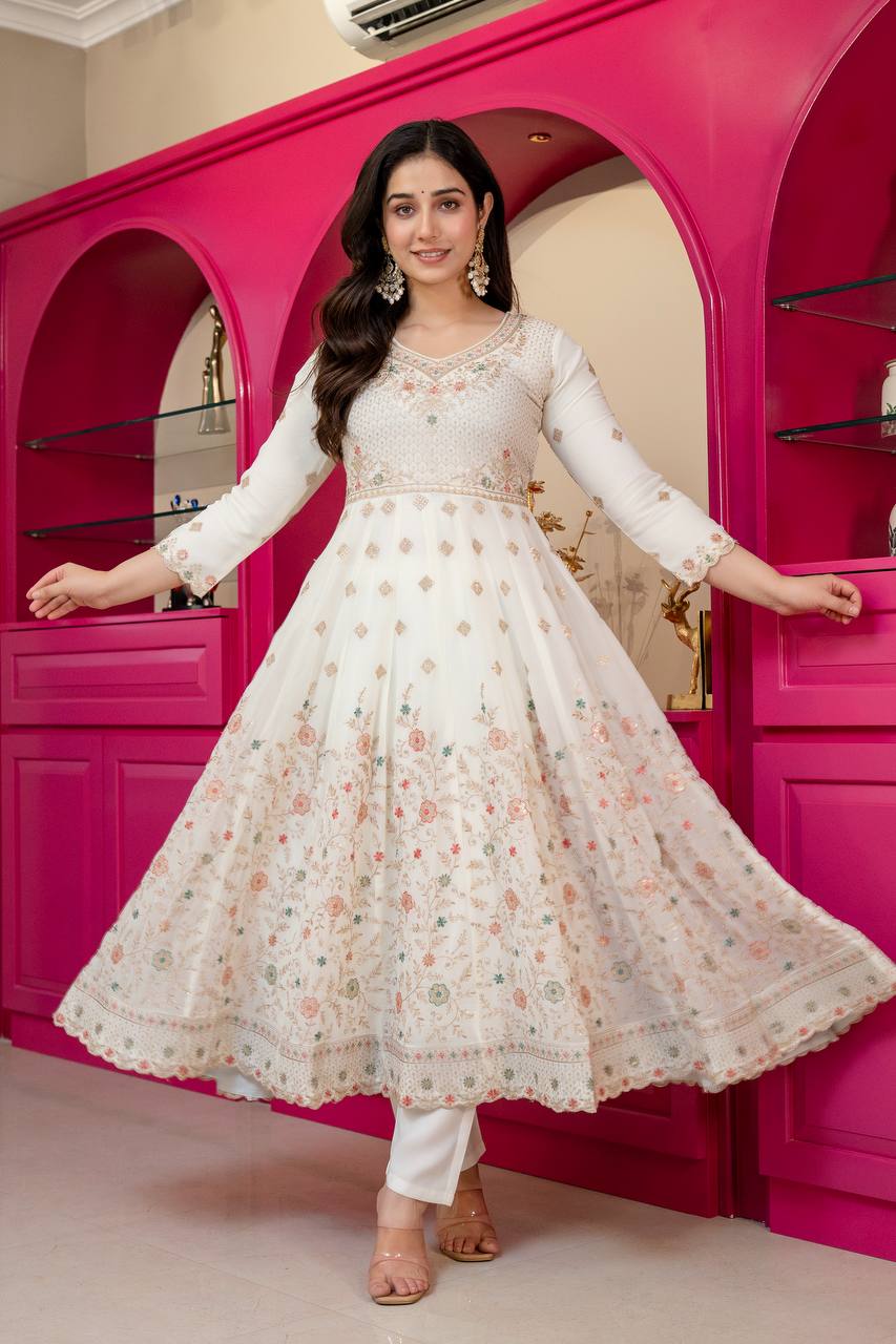 White Sequins & Embroidered gown set