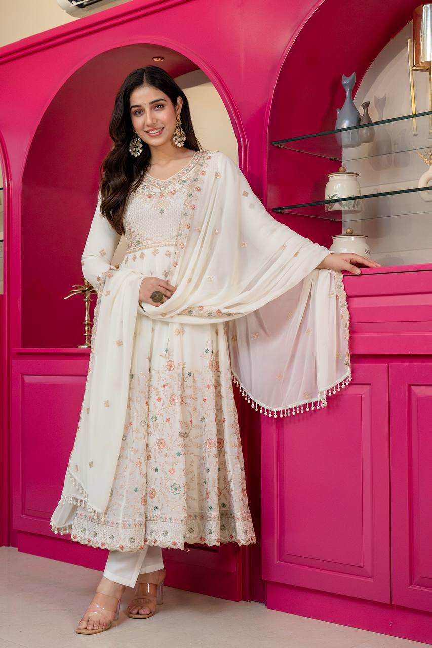 White Sequins & Embroidered gown set