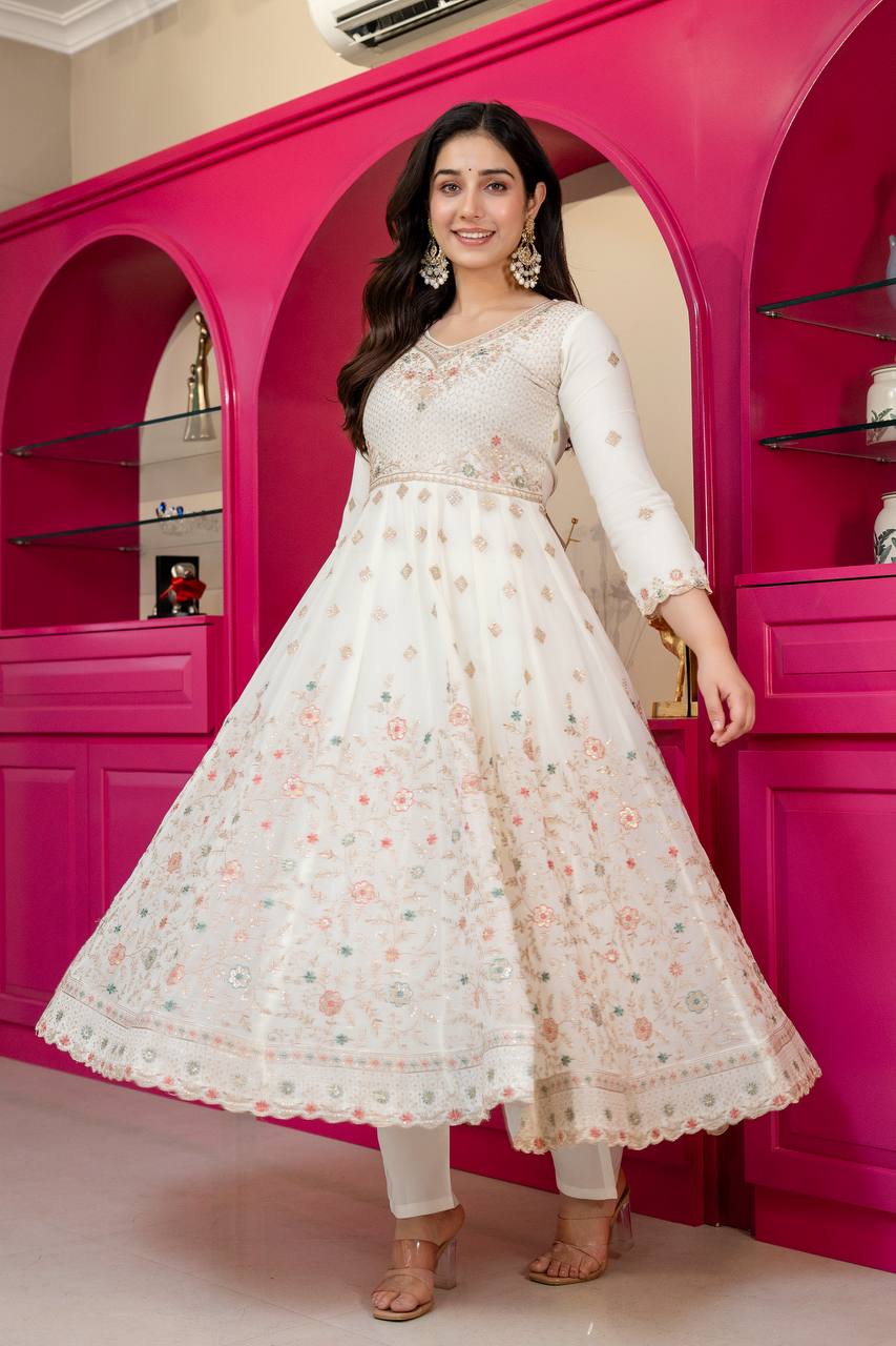 White Sequins & Embroidered gown set