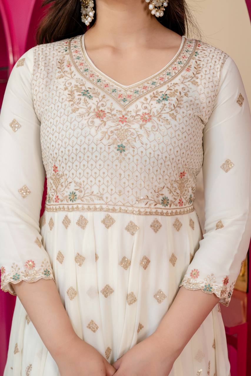 White Sequins & Embroidered gown set