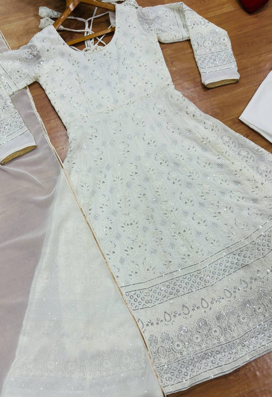 White Sequins Embroidered Gown