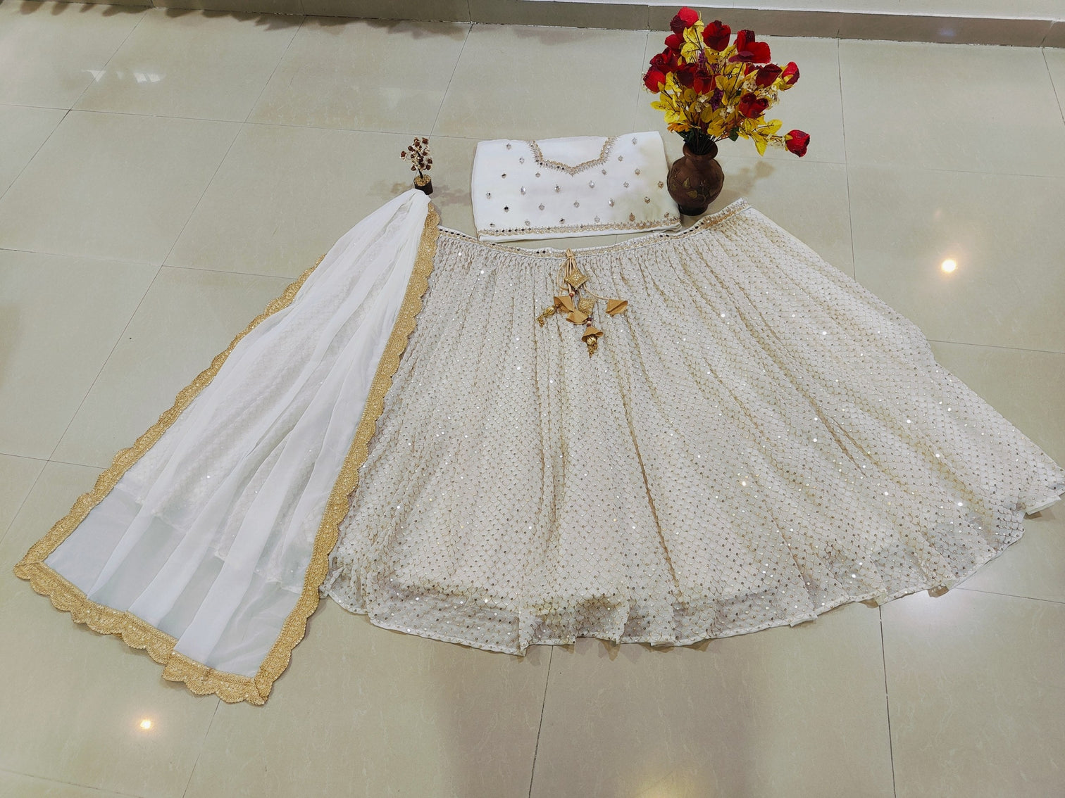 White Sequins Georgette Lehenga