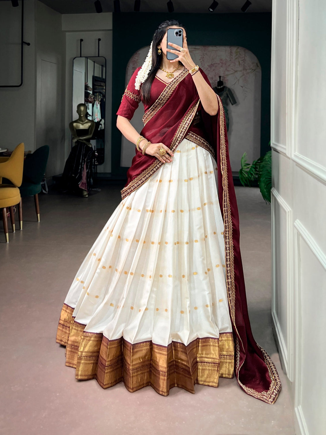 White Silk Cotton Lehenga Set