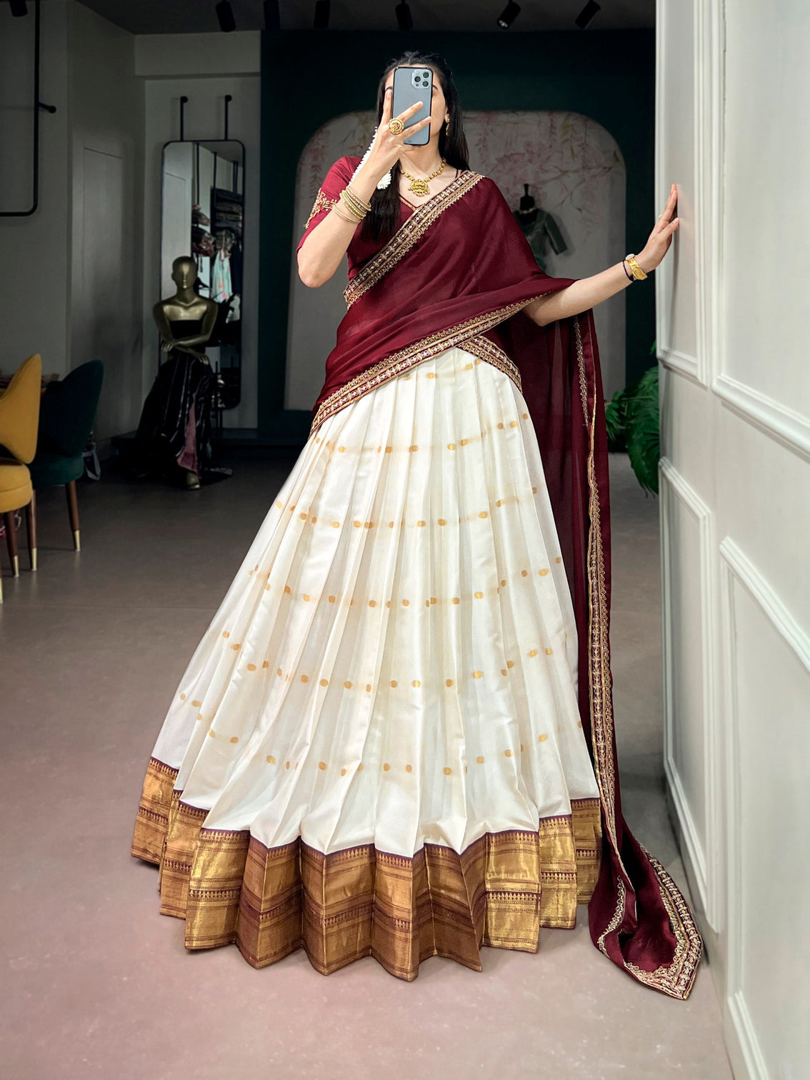 White Silk Cotton Lehenga Set