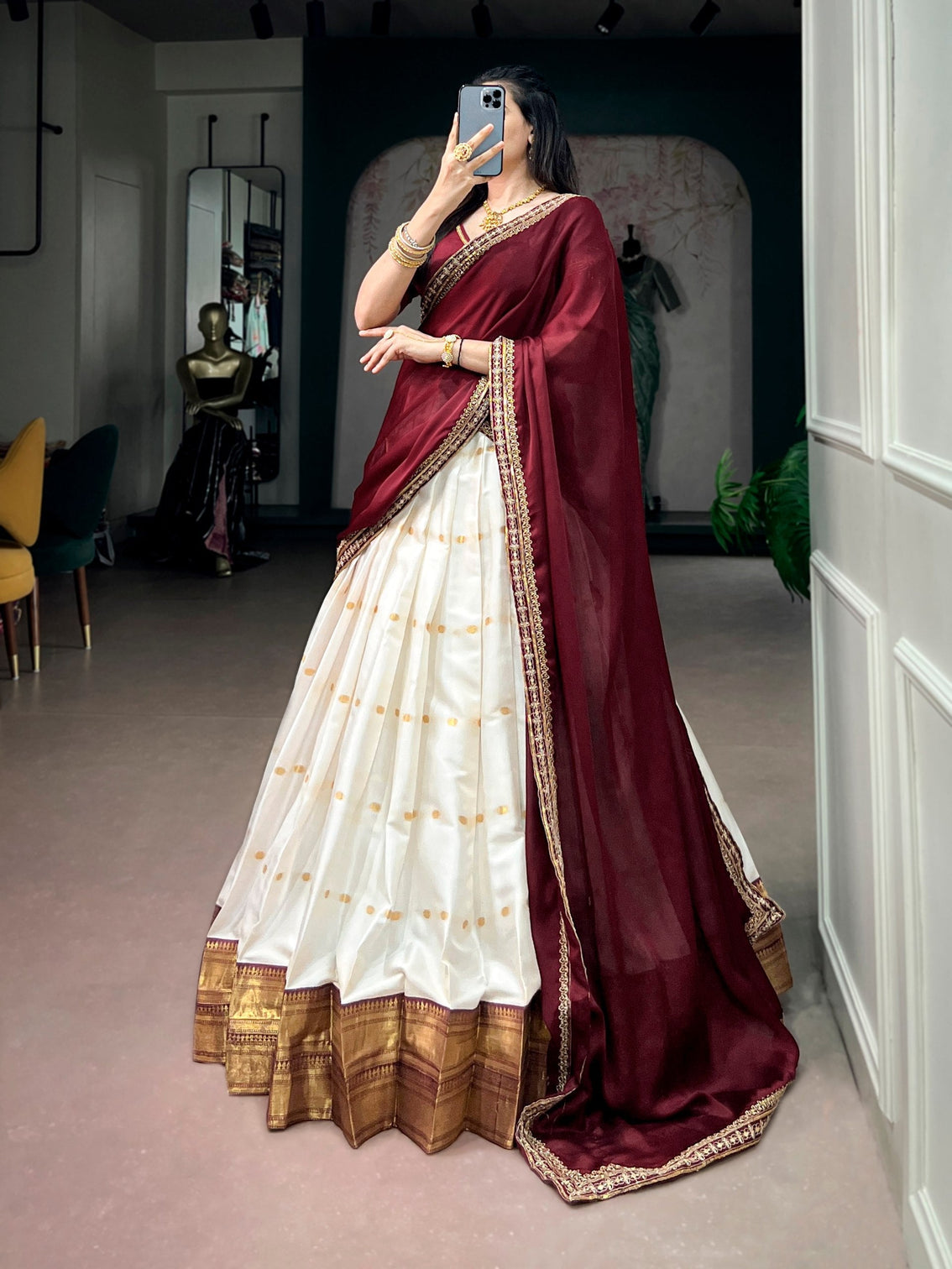 White Silk Cotton Lehenga Set