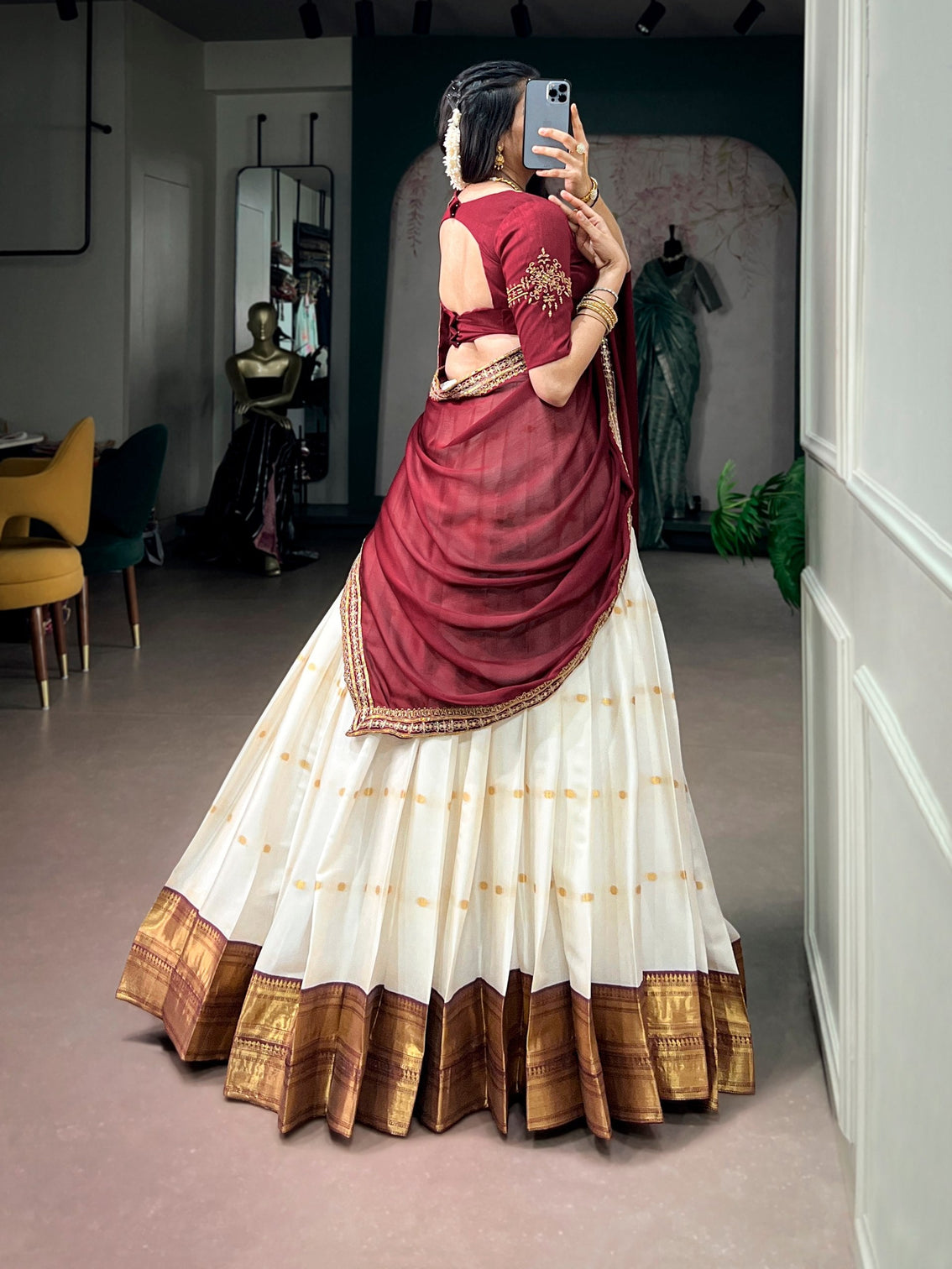 White Silk Cotton Lehenga Set