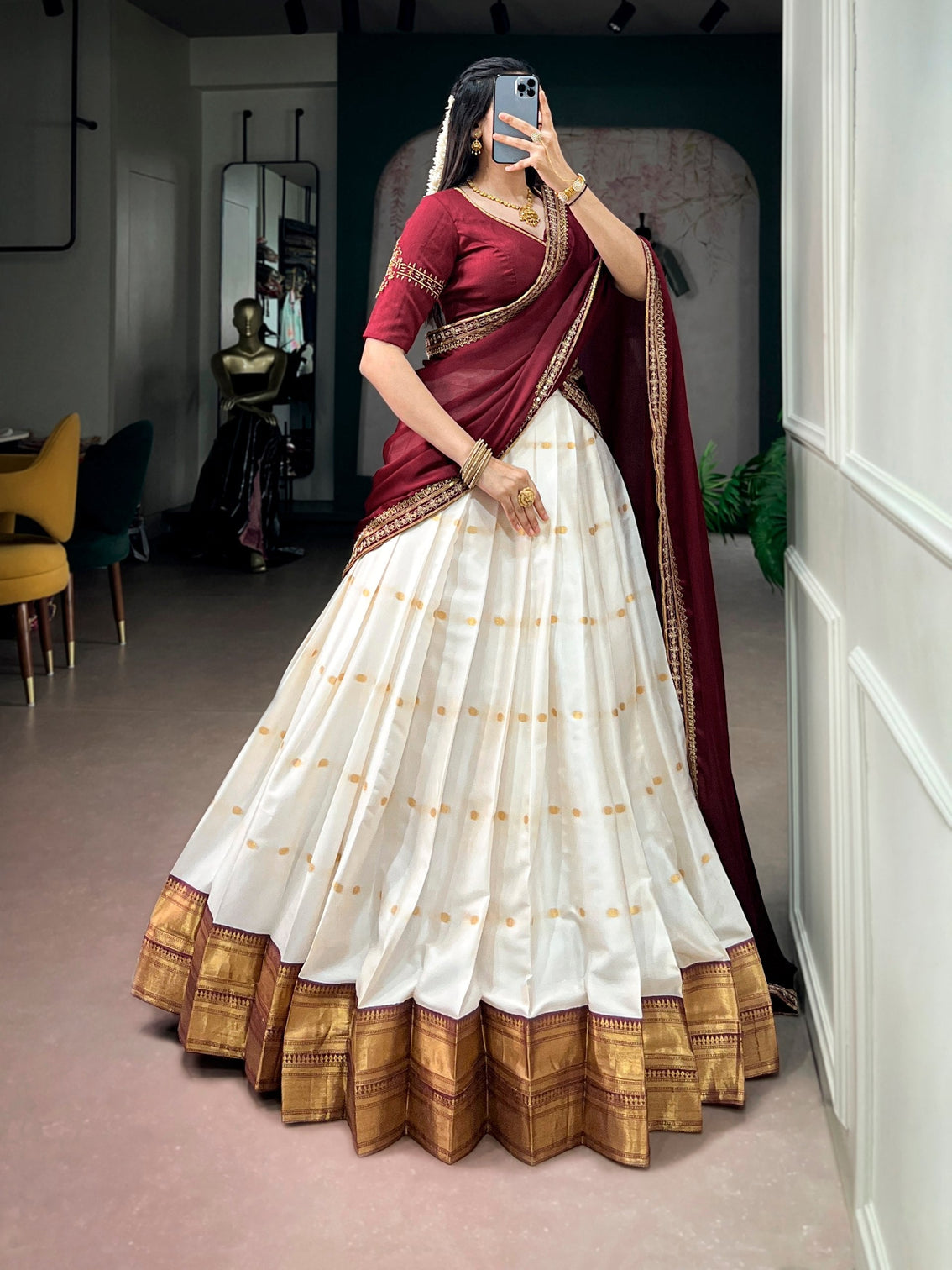 White Silk Cotton Lehenga Set