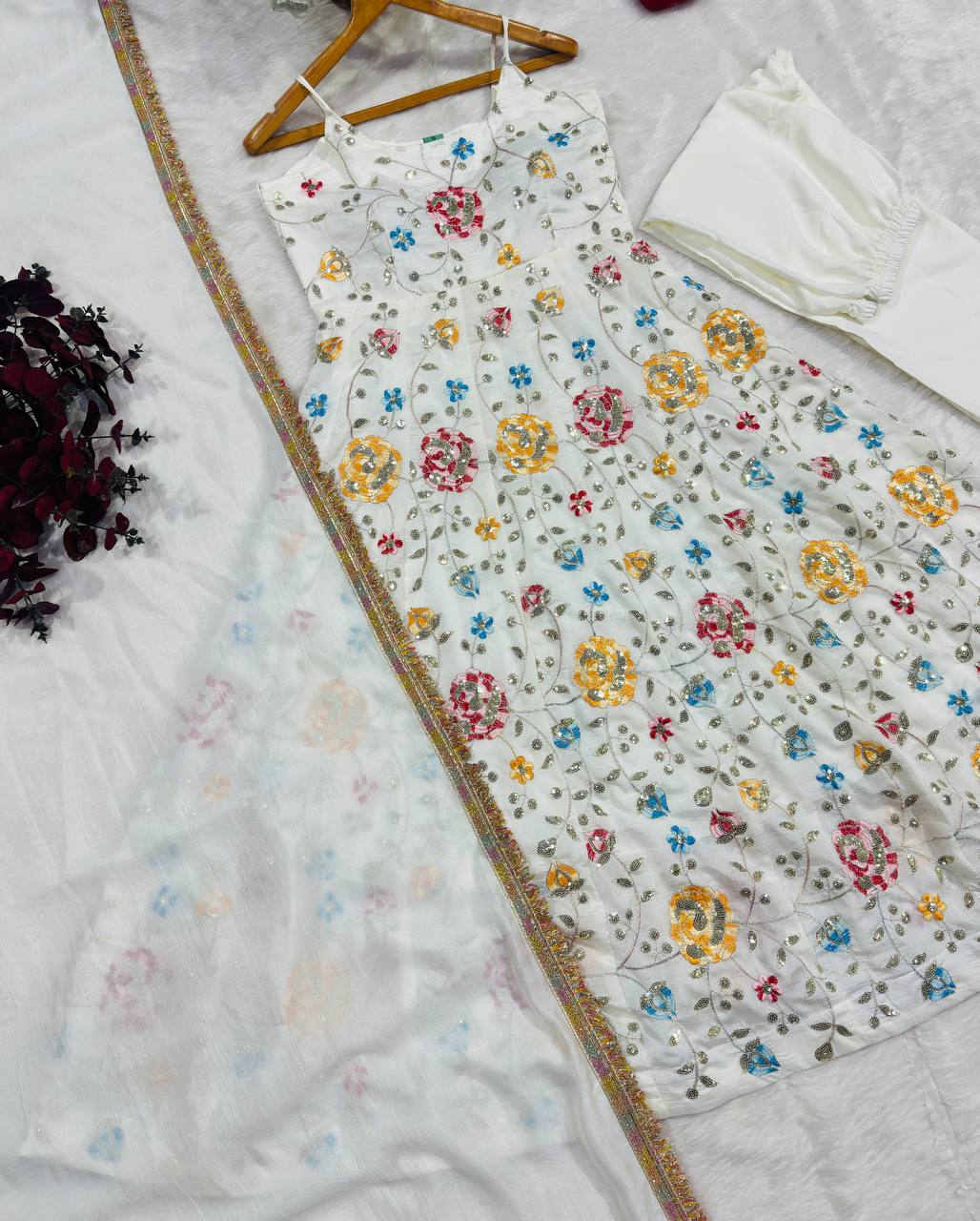 White Silk Embroidered Gown Set