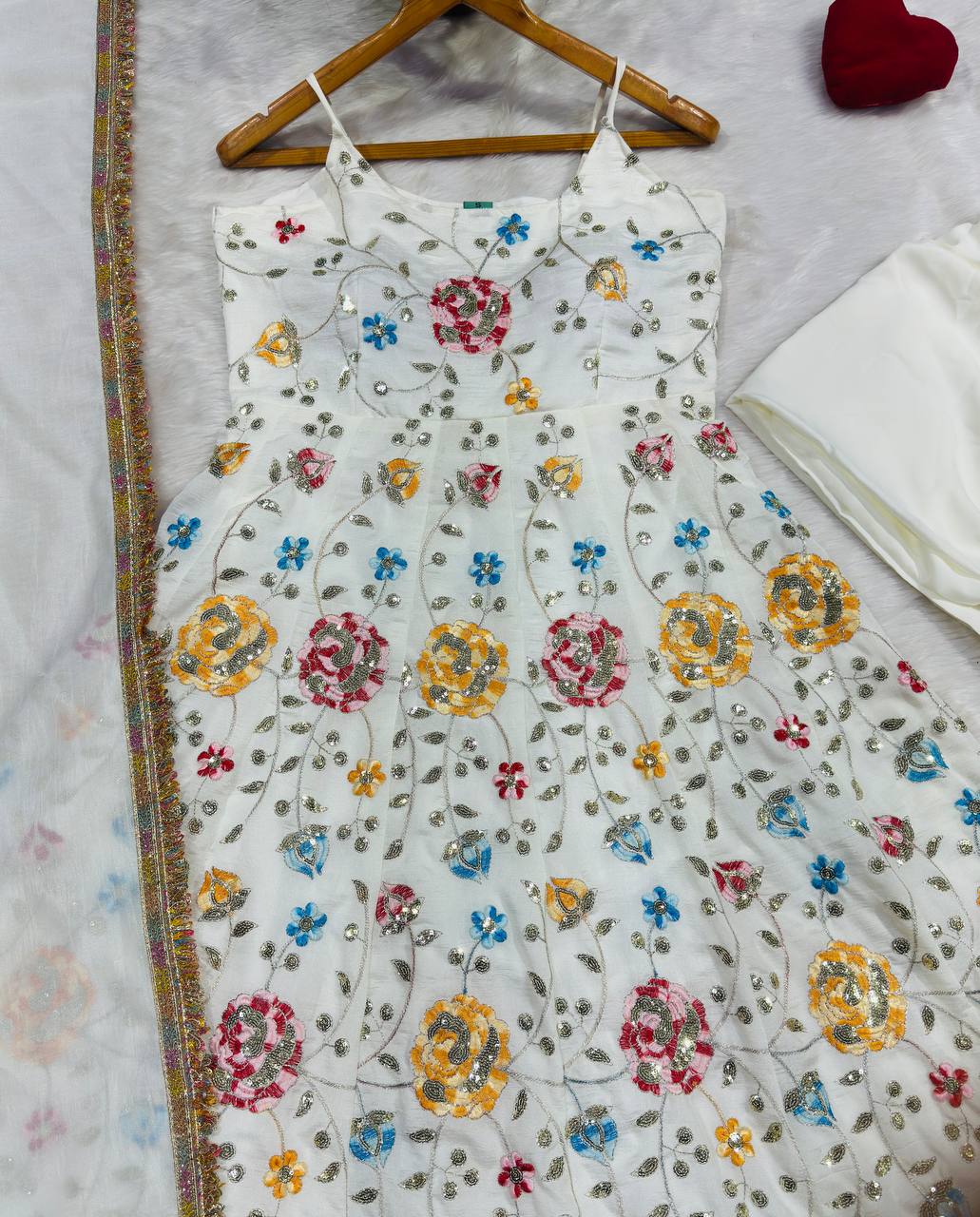 White Silk Embroidered Gown Set