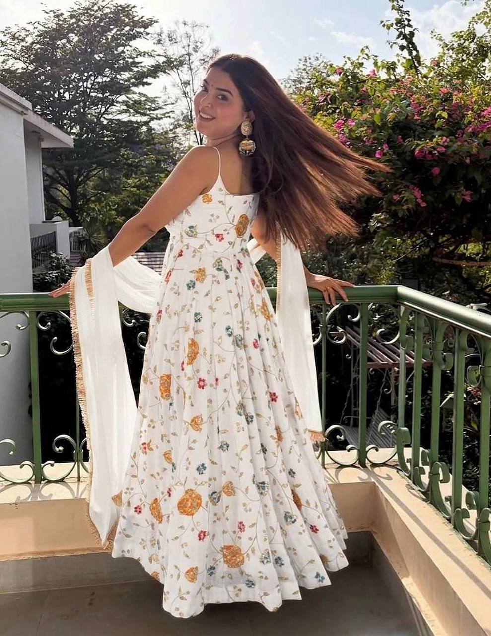 White Silk Embroidered Gown Set