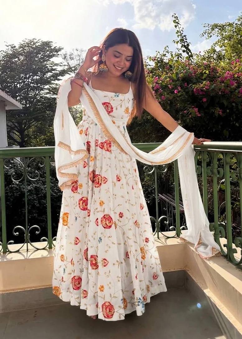 White Silk Embroidered Gown Set