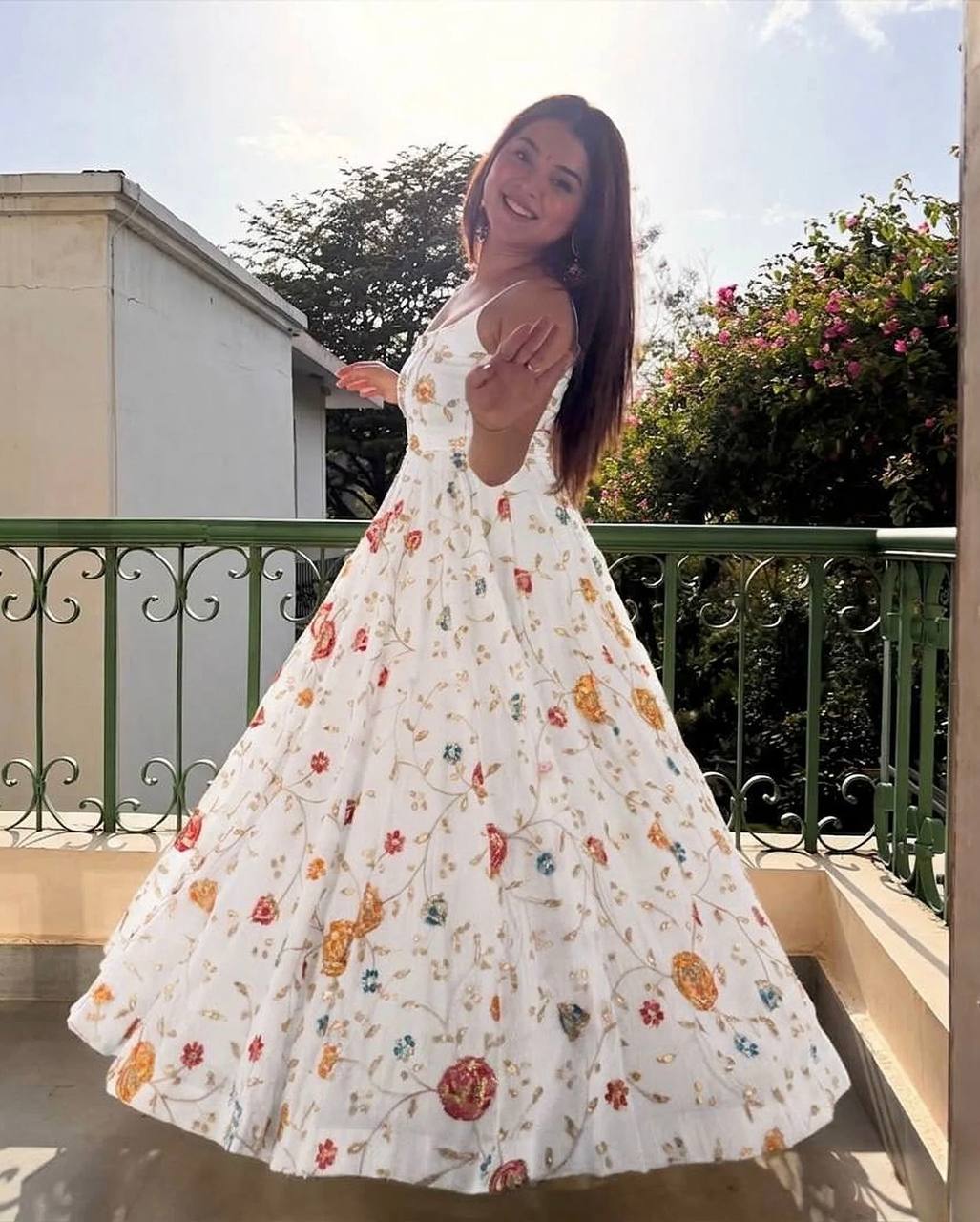 White Silk Embroidered Gown Set
