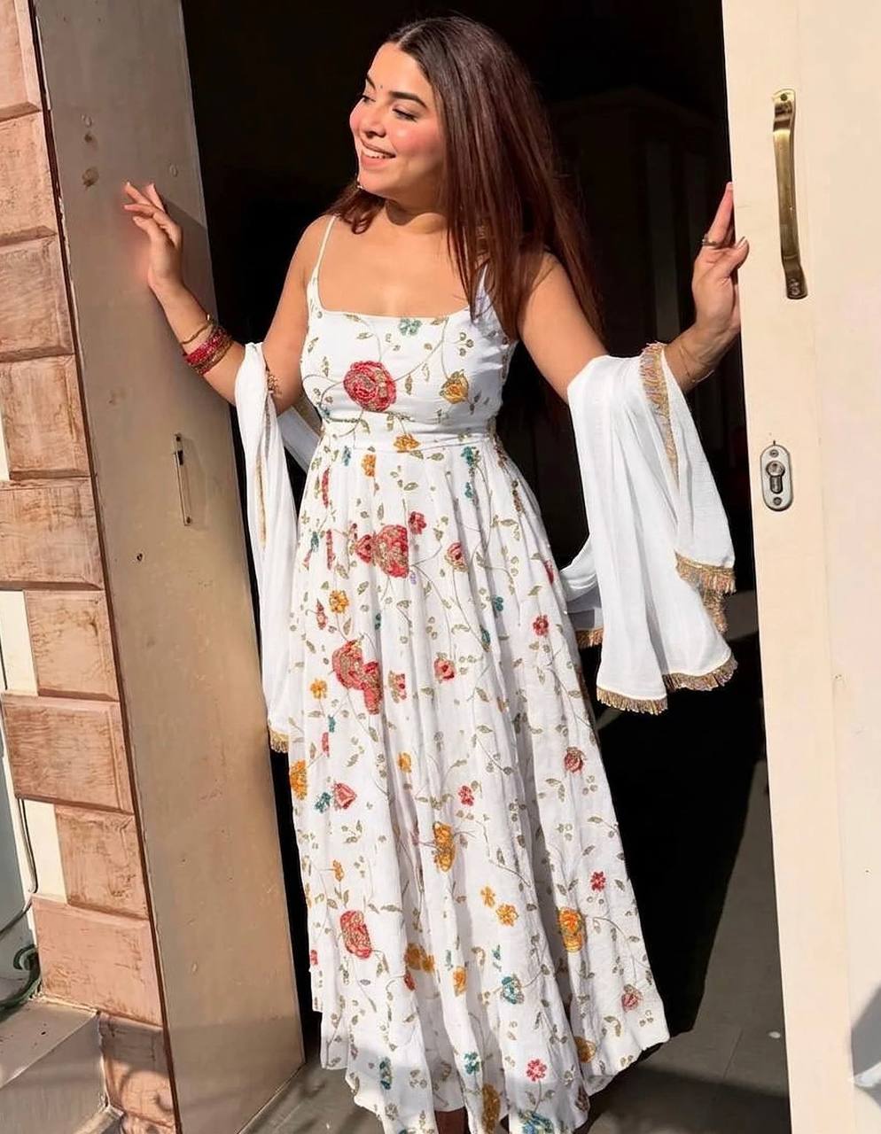 White Silk Embroidered Gown Set