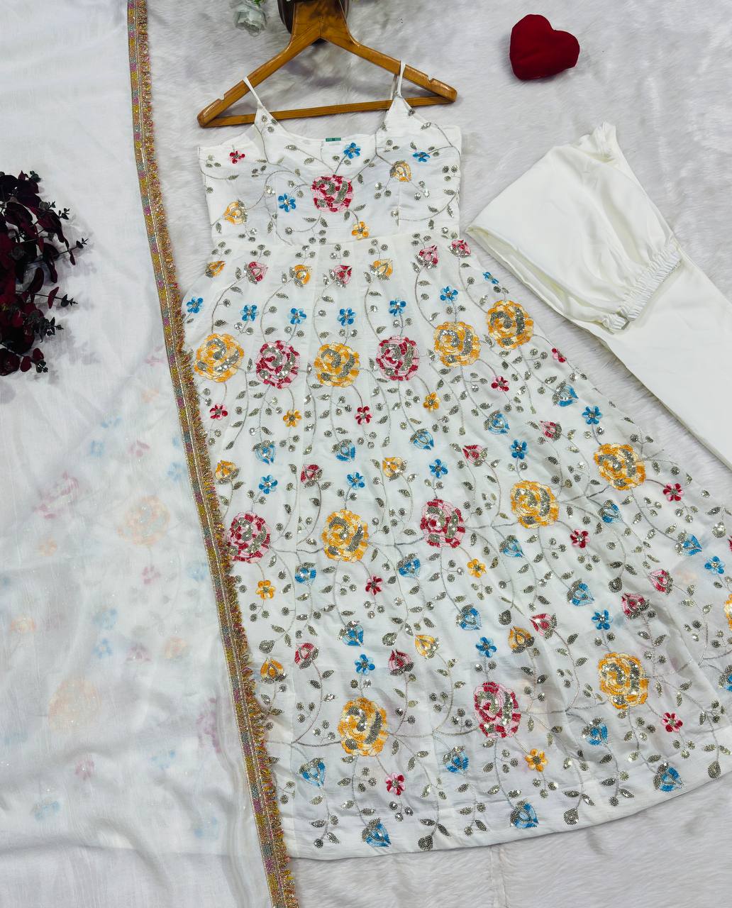 White Silk Embroidered Gown Set