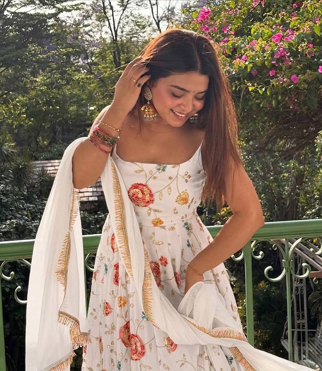 White Silk Embroidered Gown Set
