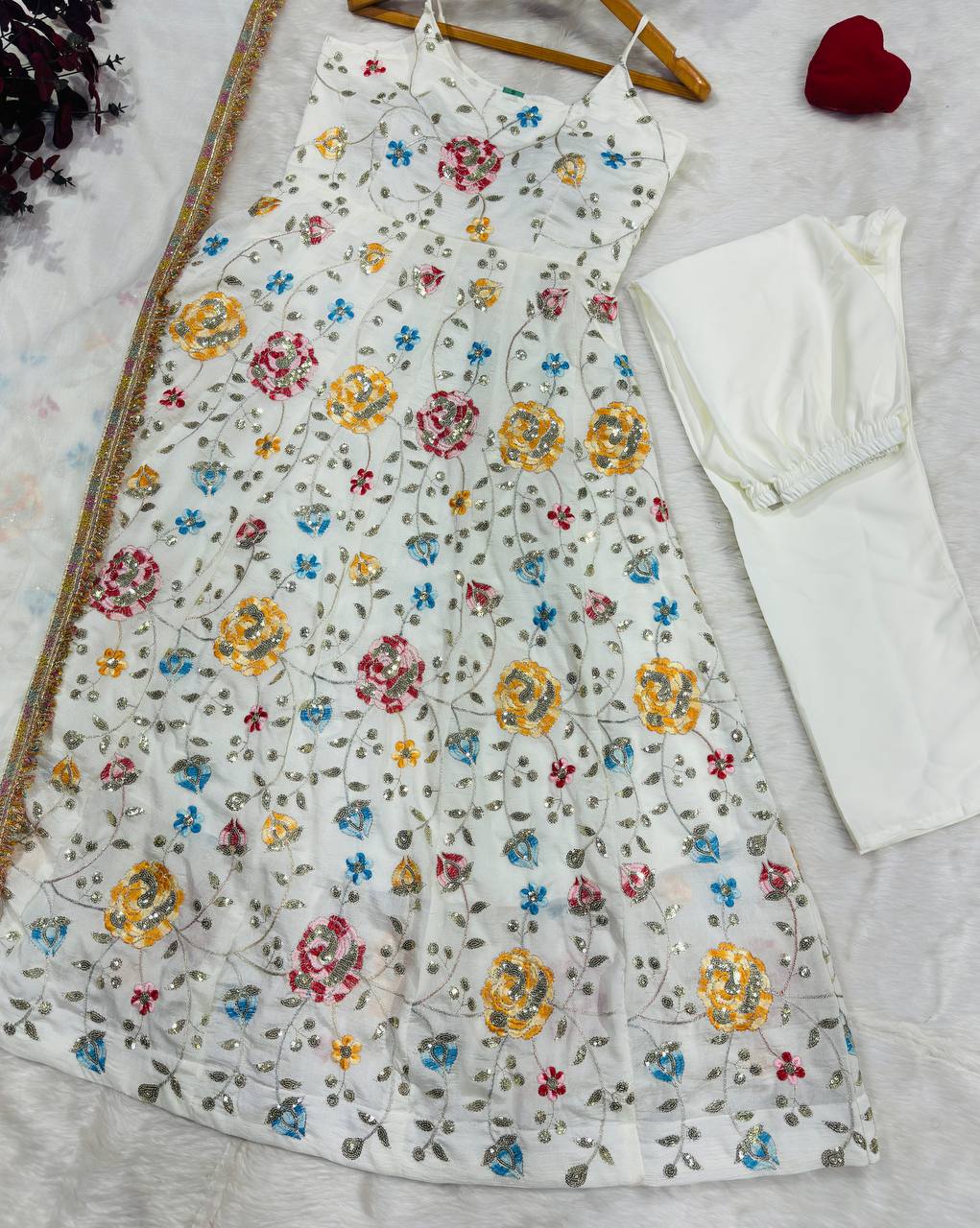White Silk Embroidered Gown Set