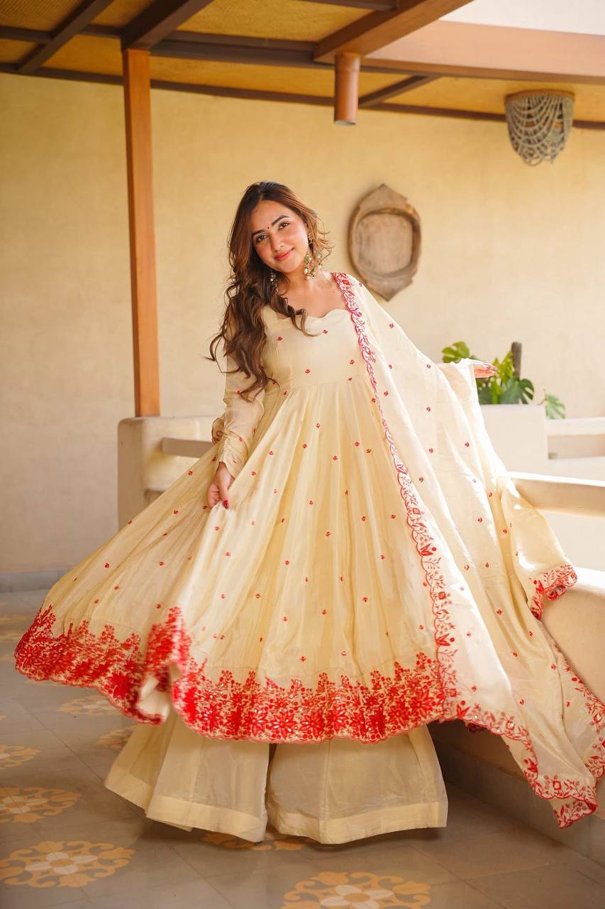 White Silk Festive Gown Sharara Set