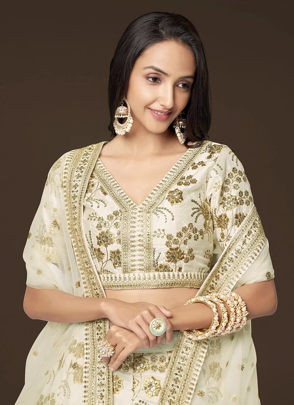 White silk zari sequins embroidered lehenga for women party wear