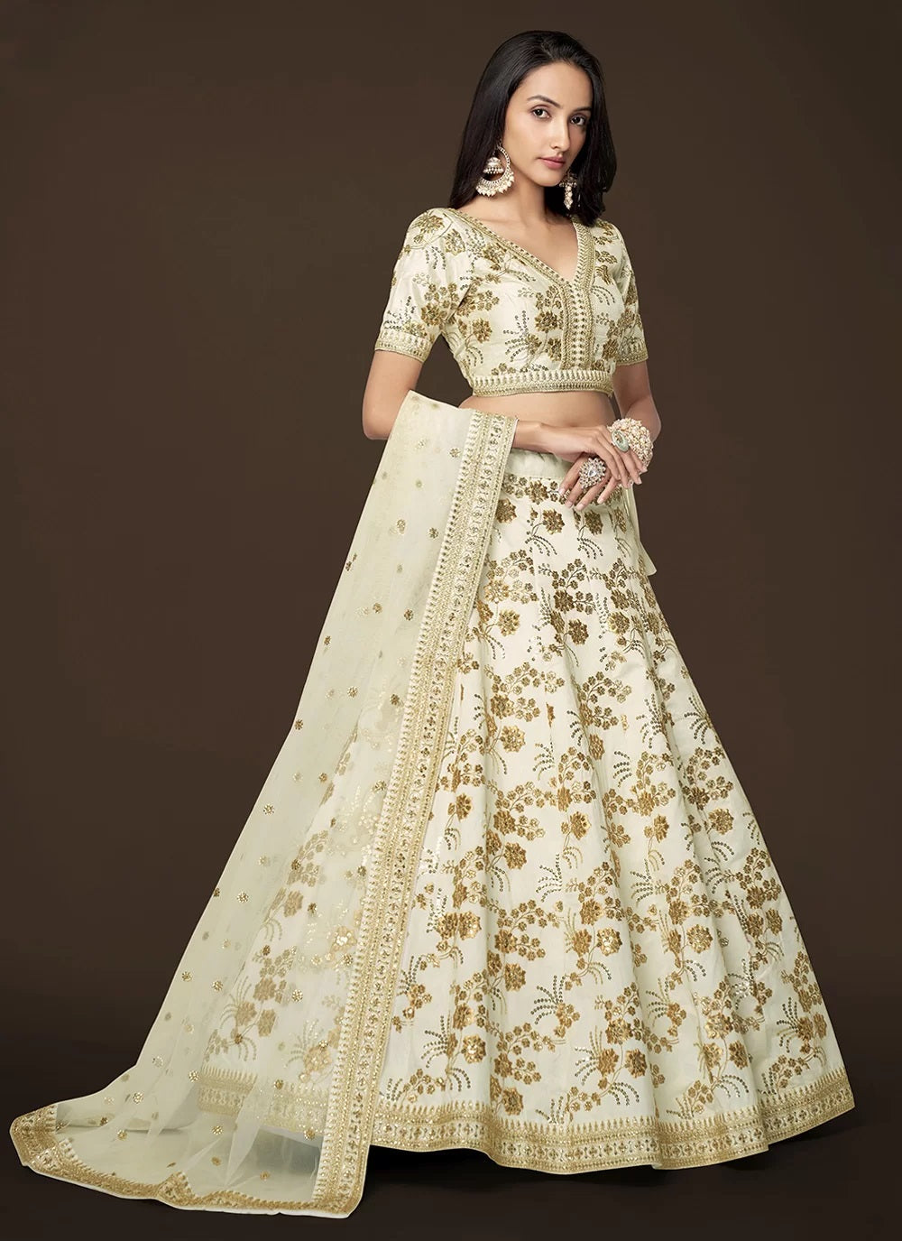 White silk zari sequins embroidered lehenga for women party wear