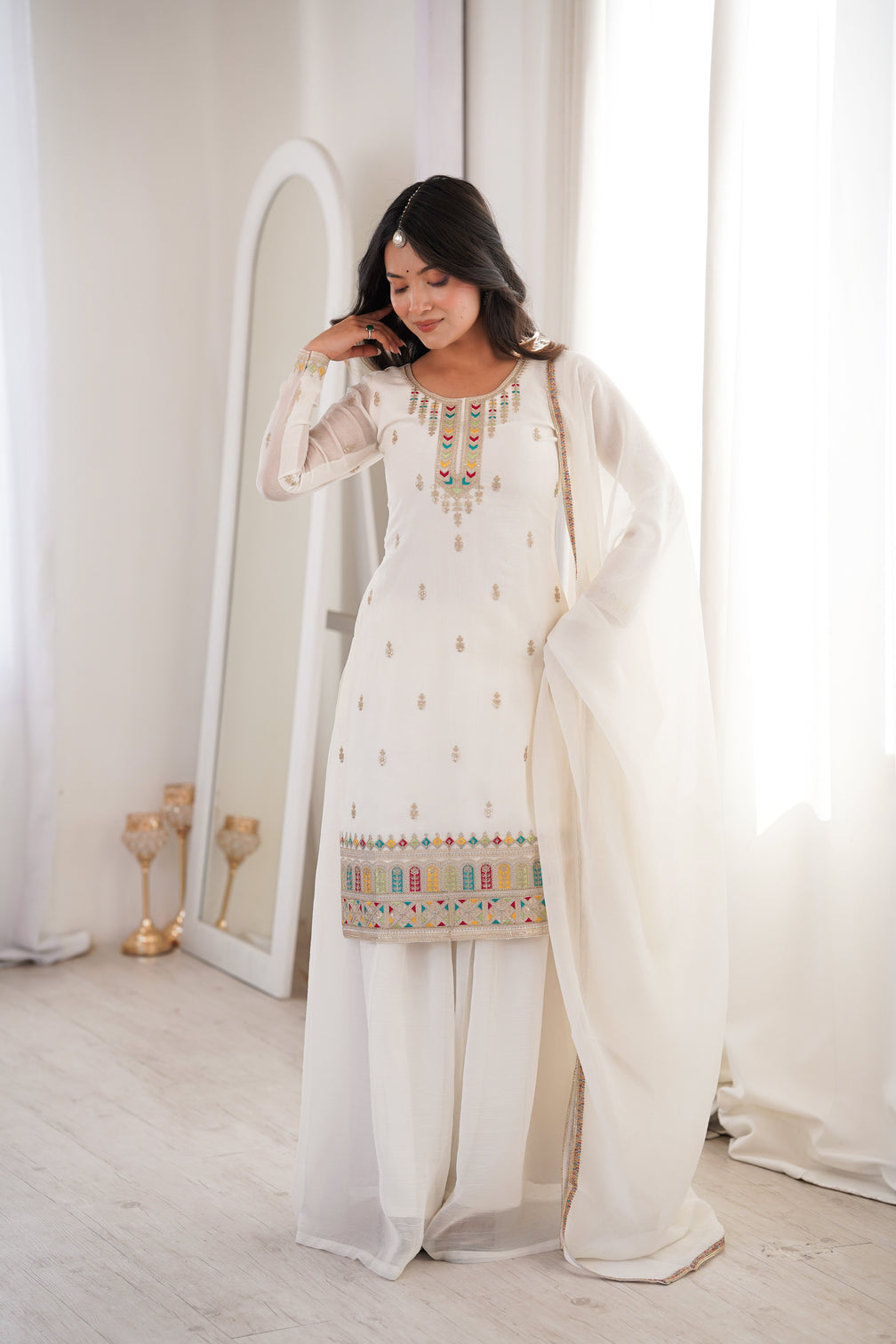 White Soft Silk Kurta Sharara Set