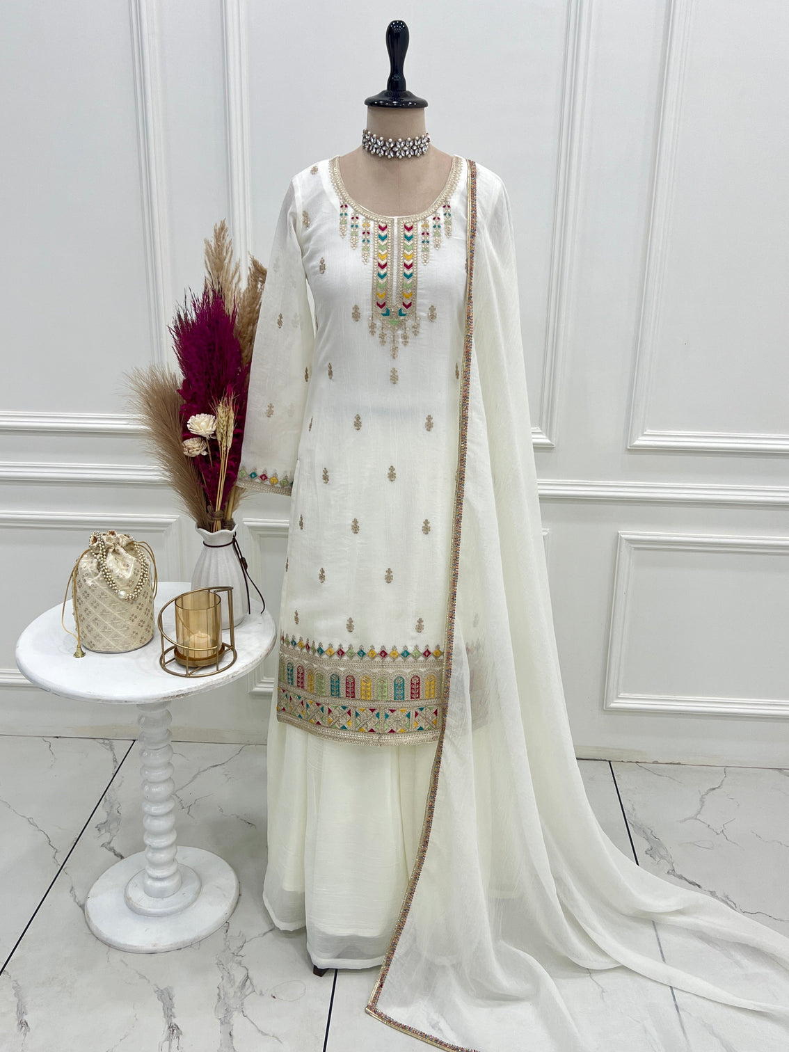 White Soft Silk Kurta Sharara Set