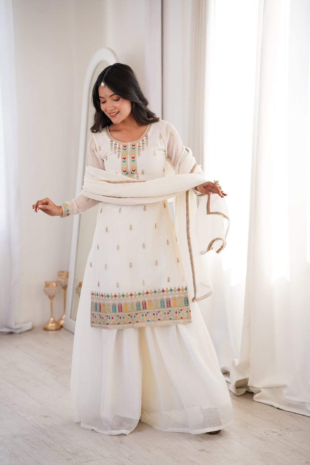 White Soft Silk Kurta Sharara Set
