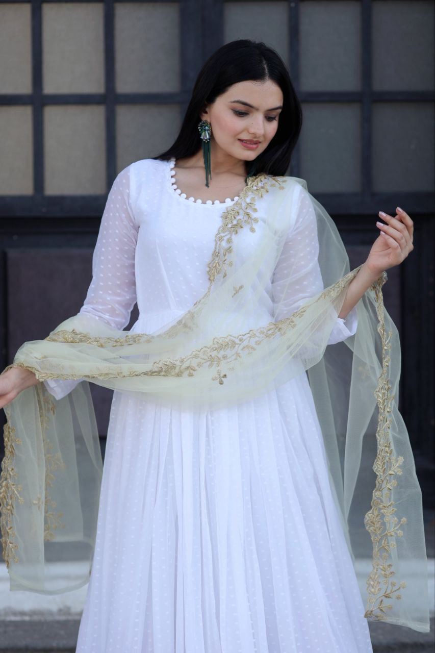 White Thousand Butti Faux Georgette Gown with Embroidered Butterfly Net Dupatta