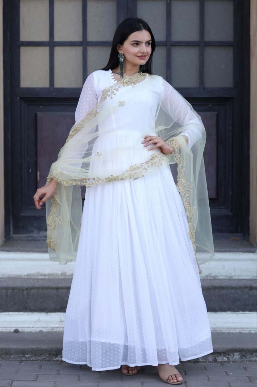 White Thousand Butti Faux Georgette Gown with Embroidered Butterfly Net Dupatta