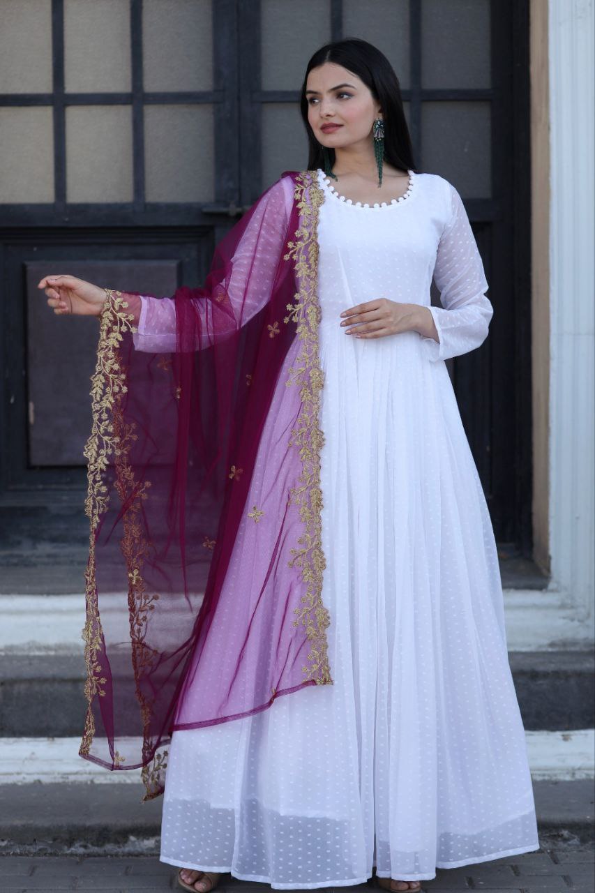 White Thousand Butti Faux Georgette Gown with Embroidered Butterfly Net Dupatta