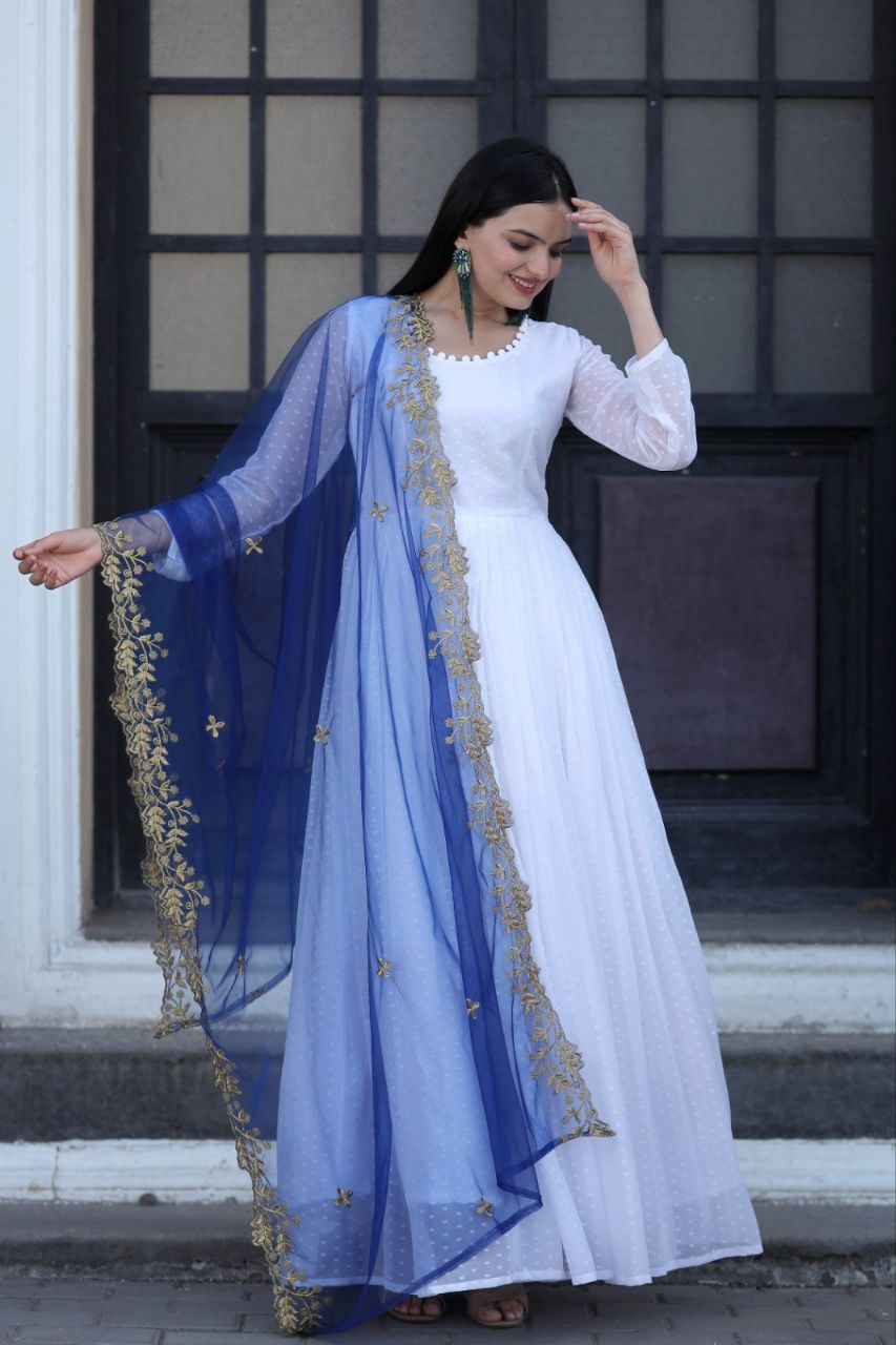 White Thousand Butti Faux Georgette Gown with Embroidered Butterfly Net Dupatta