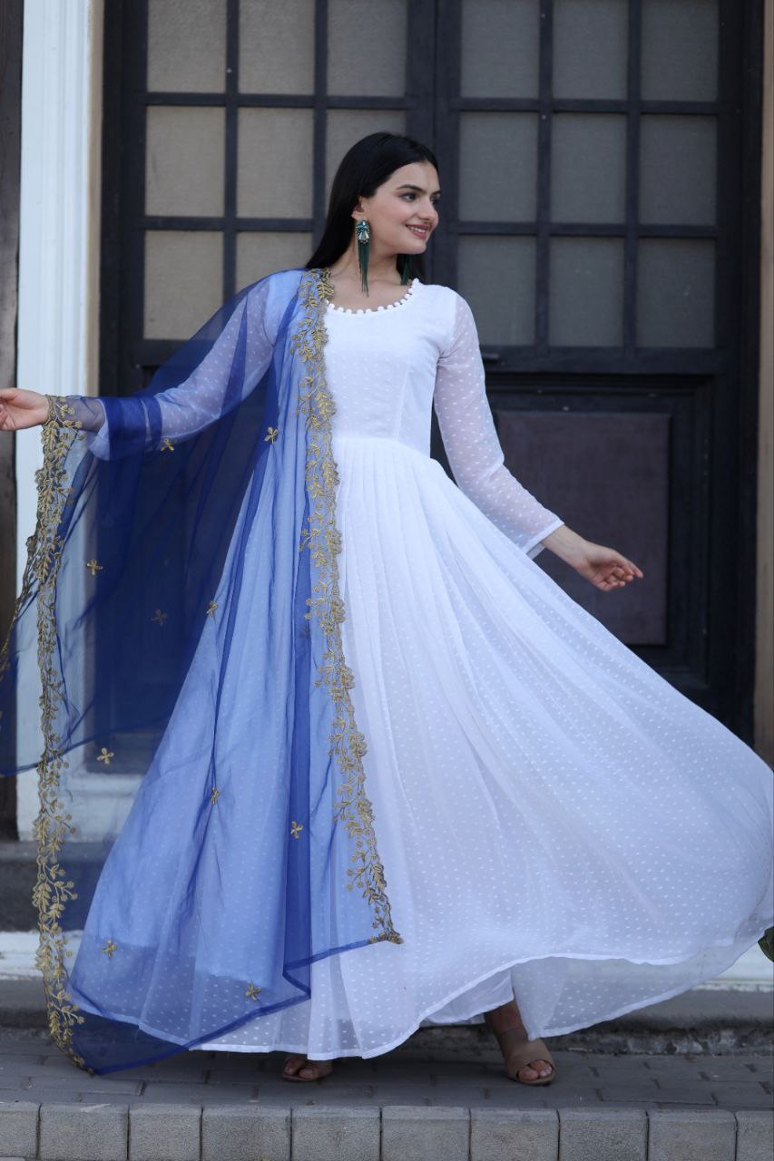 White Thousand Butti Faux Georgette Gown with Embroidered Butterfly Net Dupatta