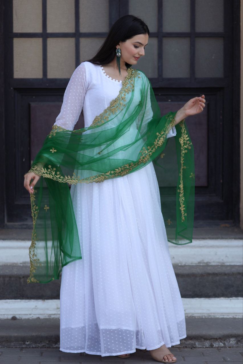 White Thousand Butti Faux Georgette Gown with Embroidered Butterfly Net Dupatta