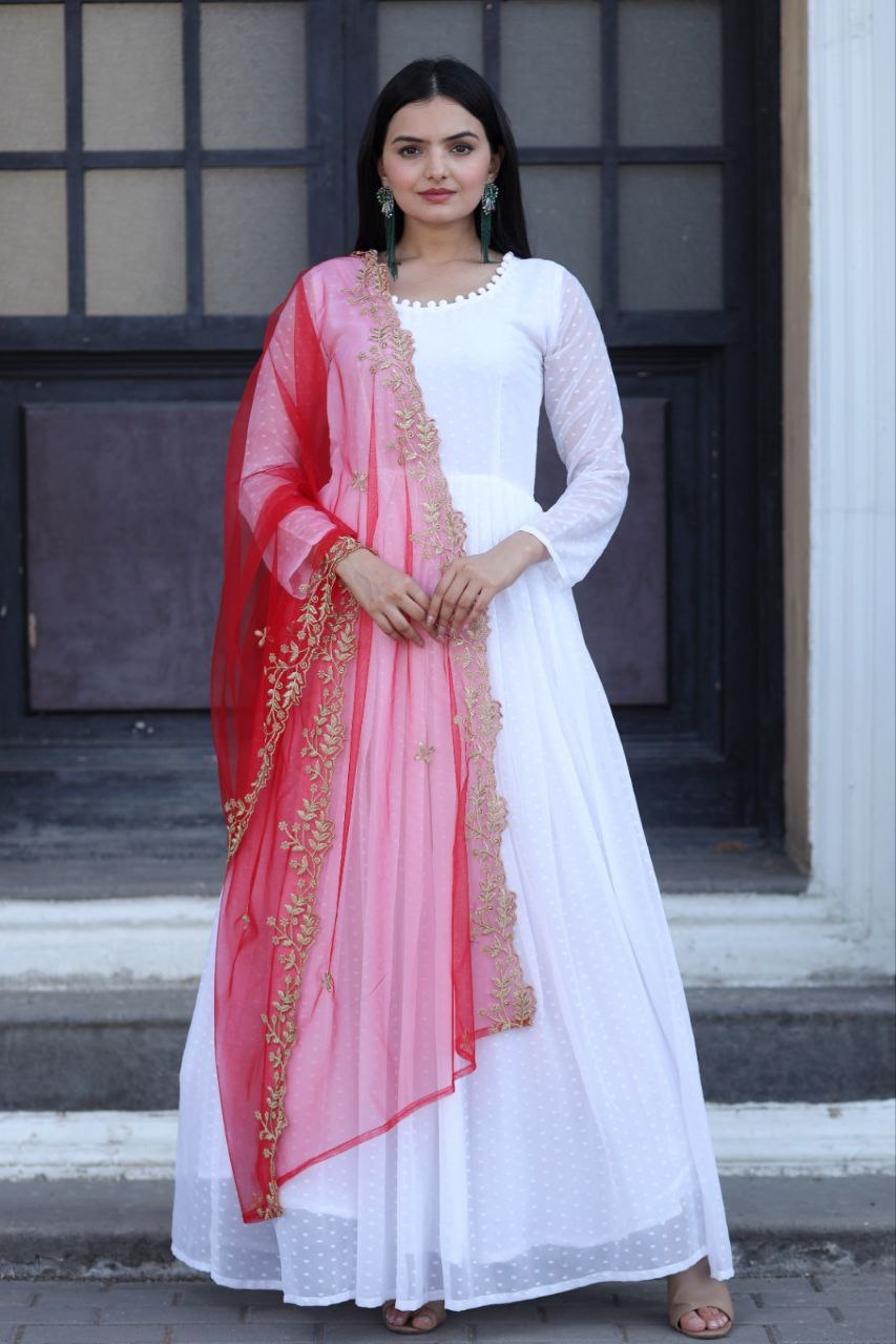 White Thousand Butti Faux Georgette Gown with Embroidered Butterfly Net Dupatta