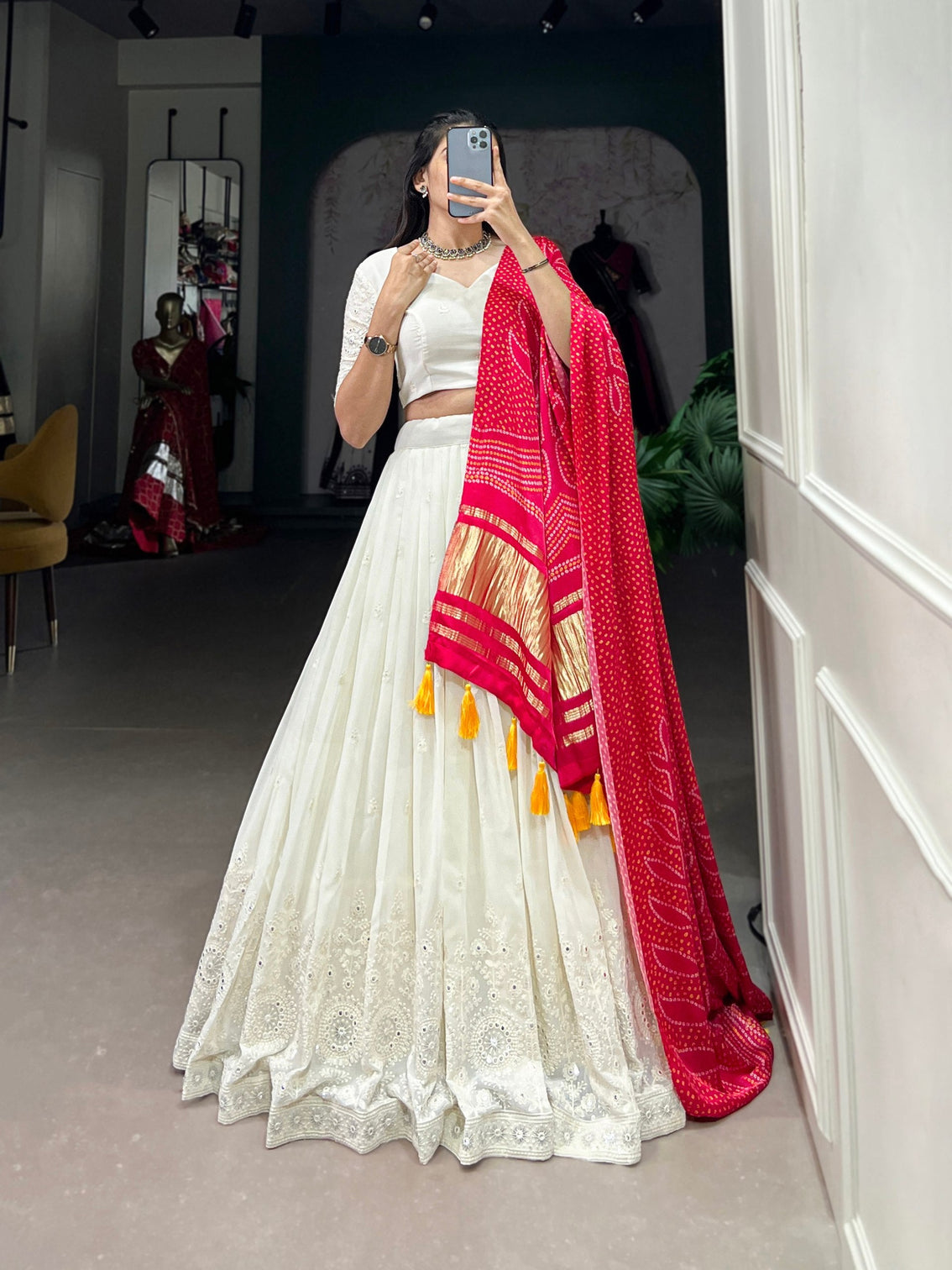 White Timeless Elegance Lucknowi Paper Mirror Work Georgette Lehenga Set