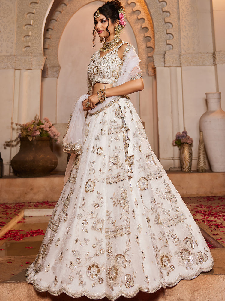 White Tissue Fabric Sequins embroidery Semi-Stitched Lehenga choli & Dupatta