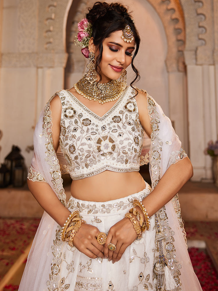 White Tissue Fabric Sequins embroidery Semi-Stitched Lehenga choli & Dupatta