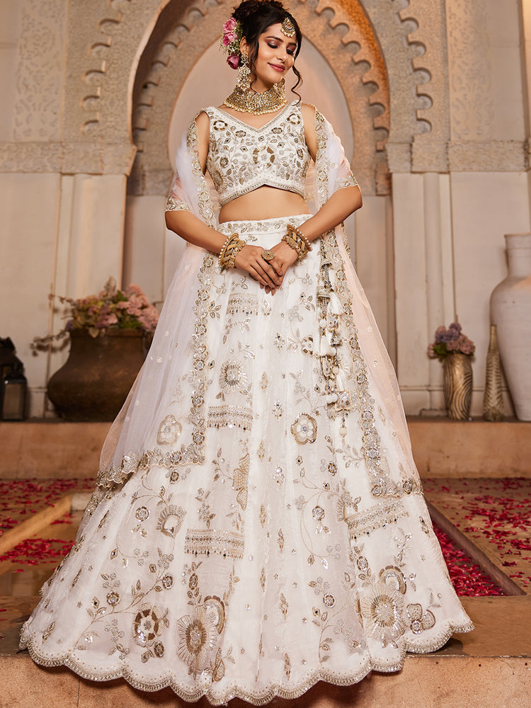 White Tissue Fabric Sequins embroidery Semi-Stitched Lehenga choli & Dupatta