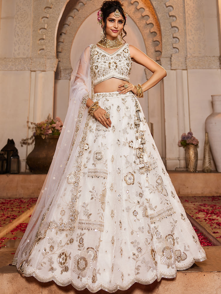White Tissue Fabric Sequins embroidery Semi-Stitched Lehenga choli & Dupatta